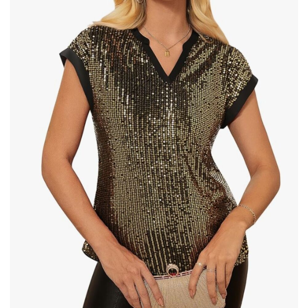 NEW Grace Karin Sequin Top 2XL Black Gold Glitter Party Holiday NWT Lined